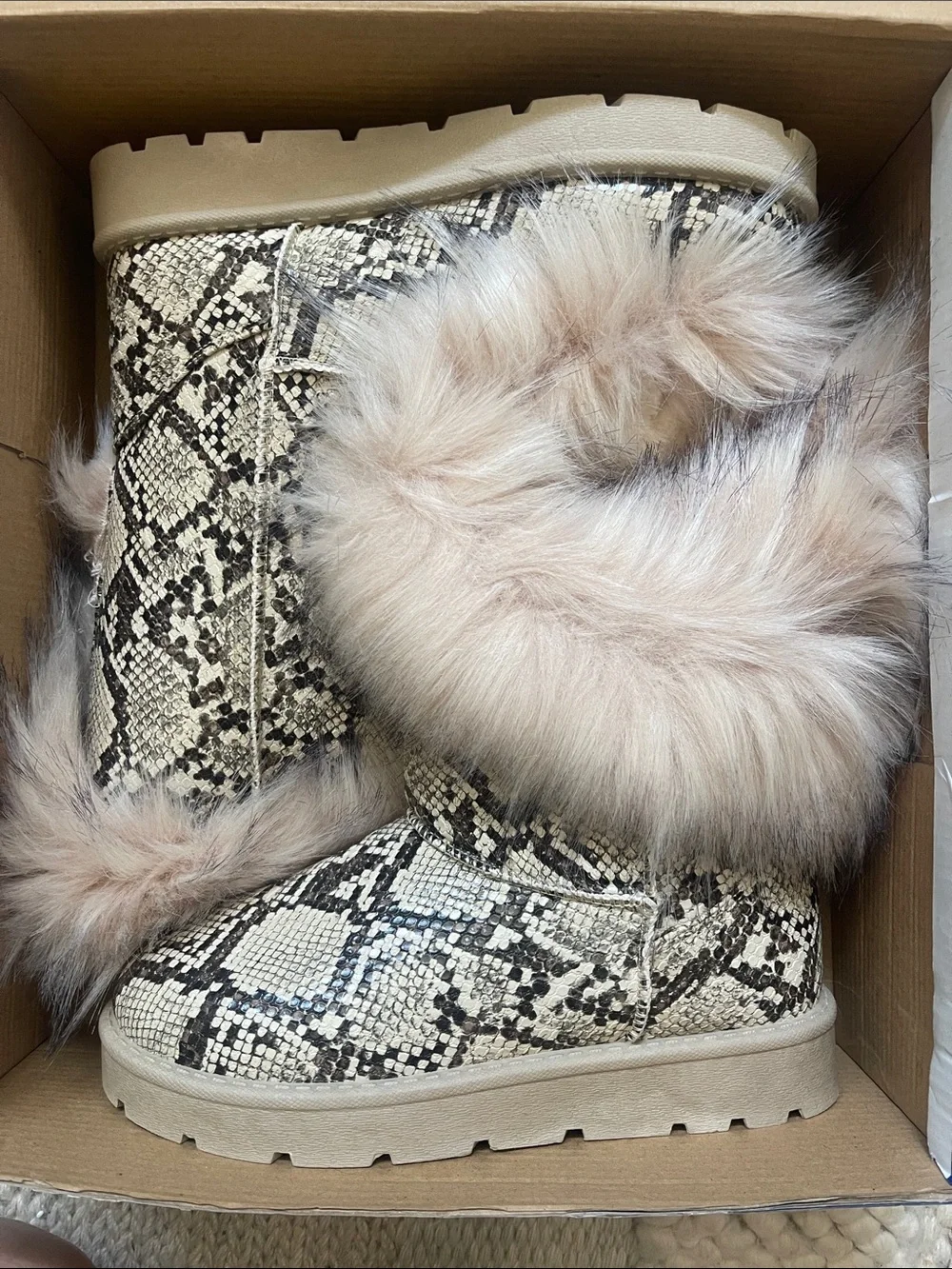 Snake Print Furry Boots by Rouge. Size S.